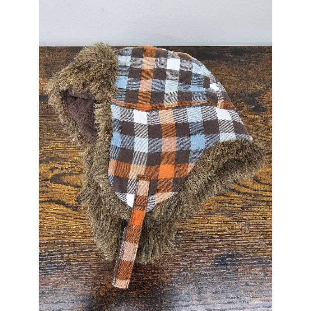 Gymboree Greatest Big Brother Line Orange Plaid Trapper Faux Fur Hat Size 4T-5T - Picture 2 of 6